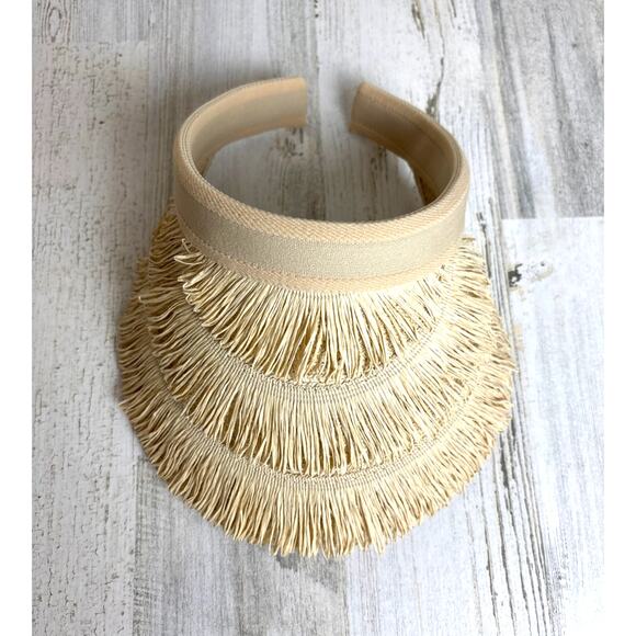 Women’s One Size Paradise Straw Palm Sun Visor Hat Fringed Natural Wide Brim New - Picture 2 of 6